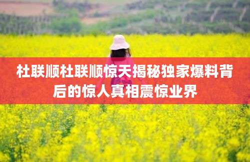 杜联顺杜联顺惊天揭秘独家爆料背后的惊人真相震惊业界